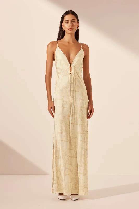 Printed Abstract Women Dress for a Modern and Artistic AppealMEDINA PLUNGED SLIP TIE MAXI DRESS