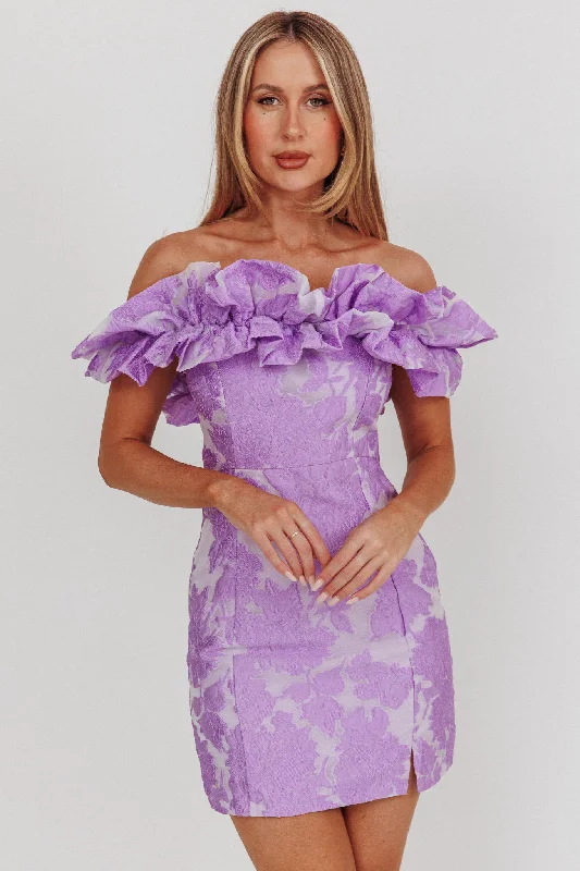 Lace - Embellished Women Dress for an Elegant and Sophisticated AppearanceMemoire Off-Shoulder Jacquard Mini Dress Lilac Lace - Embellished Women Dress for an Elegant and Sophisticated AppearanceMemoire Off-Shoulder Jacquard Mini Dress Lilac