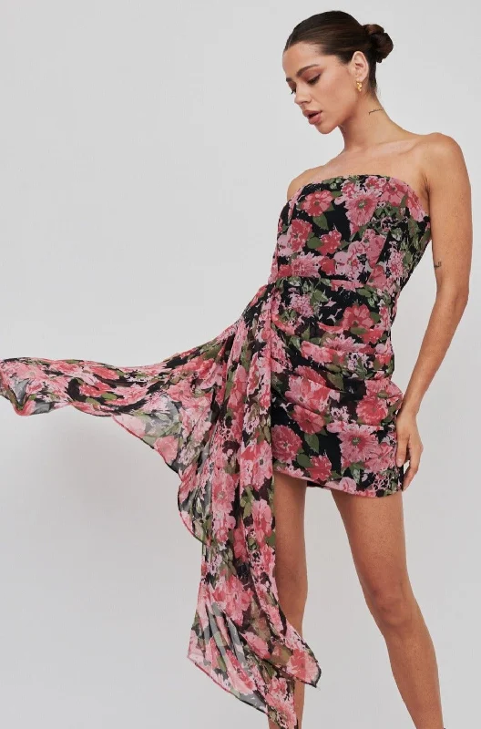 Ball Gown Women Dress with a Full Skirt for a Princess - like LookMidnight Sun Strapless Waist Sash Mini Dress Floral Black Ball Gown Women Dress with a Full Skirt for a Princess - like LookMidnight Sun Strapless Waist Sash Mini Dress Floral Black