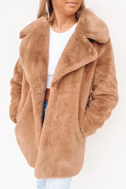 Women's long - line cardigan jackets in a soft knit for a cozy and elegant lookMinimalist Faux Fur Jacket Almond Women's long - line cardigan jackets in a soft knit for a cozy and elegant lookMinimalist Faux Fur Jacket Almond