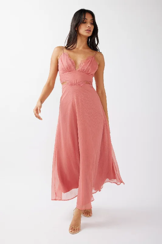 Pleated Women Dress with a Timeless and Elegant TextureMore Love Lace Trim Cut-Out Midi Dress Pink Pleated Women Dress with a Timeless and Elegant TextureMore Love Lace Trim Cut-Out Midi Dress Pink