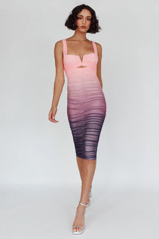 Backless Women Dress for a Sexy and Alluring Look at Evening EventsNadia Ruched Midi Dress Gradient Pink Backless Women Dress for a Sexy and Alluring Look at Evening EventsNadia Ruched Midi Dress Gradient Pink