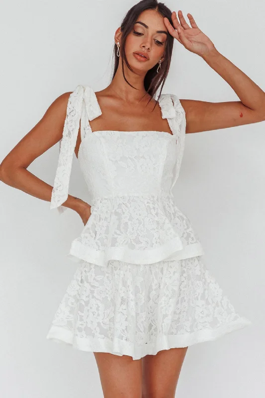 Ruffled Women Dress with Multiple Layers for a Playful and Girly StyleNeriah Tied Shoulder Tiered Lace Mini Dress White Ruffled Women Dress with Multiple Layers for a Playful and Girly StyleNeriah Tied Shoulder Tiered Lace Mini Dress White