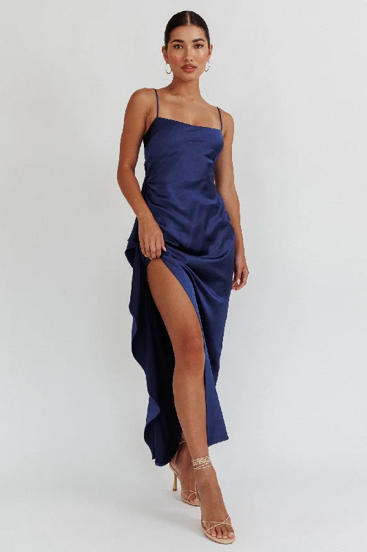Empire Waist Women Dress to Accentuate the Bust and Conceal the WaistNight Swim Satin Leg Slit Maxi Dress Navy Empire Waist Women Dress to Accentuate the Bust and Conceal the WaistNight Swim Satin Leg Slit Maxi Dress Navy