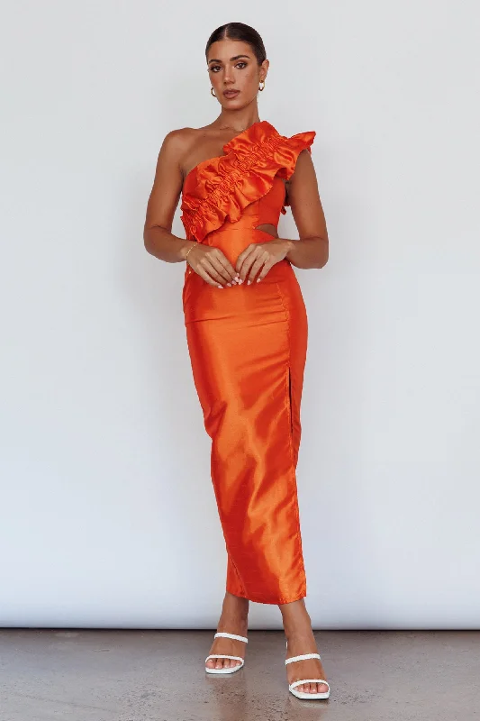 Long - Sleeve Women Dress in Velvet for a Luxurious Winter LookNY Moment Wide Ruffle Shoulder Dress Orange Long - Sleeve Women Dress in Velvet for a Luxurious Winter LookNY Moment Wide Ruffle Shoulder Dress Orange