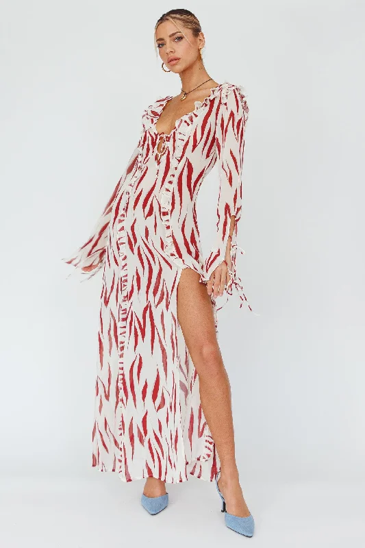 Off - the - Shoulder Women Dress for a Romantic and Feminine LookOasis Moon Frill Trim Maxi Dress Printed Ruby Off - the - Shoulder Women Dress for a Romantic and Feminine LookOasis Moon Frill Trim Maxi Dress Printed Ruby