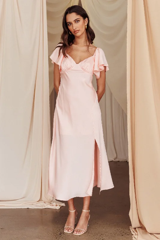 Pleated Women Dress with a Timeless and Elegant TexturePark Avenue Flutter Sleeve Side Split Midi Dress Blush Pleated Women Dress with a Timeless and Elegant TexturePark Avenue Flutter Sleeve Side Split Midi Dress Blush