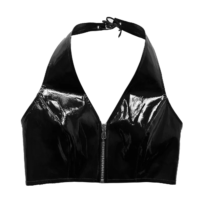 Women's cropped leather jackets with a fringe detail for a western - inspired outfitPatent Lambskin Halter Top Women's cropped leather jackets with a fringe detail for a western - inspired outfitPatent Lambskin Halter Top