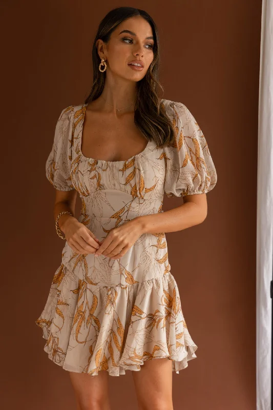 Off - the - Shoulder Women Dress for a Romantic and Feminine LookPetite Cherie Puff Sleeve Lace-Up Back Dress Leaf Print Beige Off - the - Shoulder Women Dress for a Romantic and Feminine LookPetite Cherie Puff Sleeve Lace-Up Back Dress Leaf Print Beige