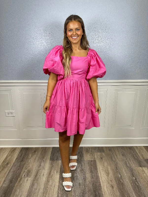 Sleeveless Women Dress in Bright Colors for Summer PartiesPink puff sleeve dress