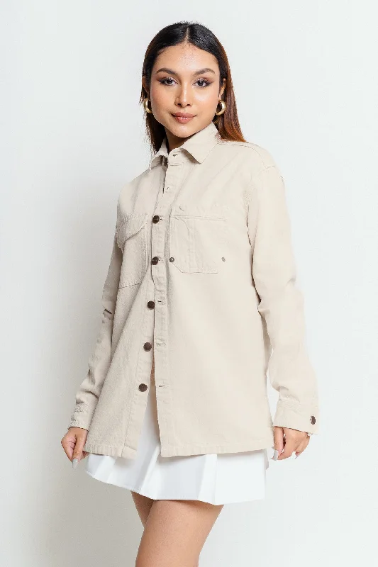 Women's cropped leather jackets with silver zippers for a punk - inspired outfitPitch Pocket Denim Ecru Shacket Women's cropped leather jackets with silver zippers for a punk - inspired outfitPitch Pocket Denim Ecru Shacket