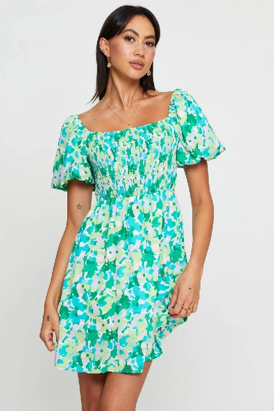 Wrap - Style Women Dress with Adjustable Fit for All Body TypesPrint Fit And Flare Dress Short Sleeve Square Neck