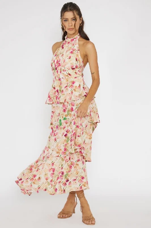 Lace - Embellished Women Dress for an Elegant and Sophisticated AppearanceProvence Bloom Tiered Halterneck Dress Pink Lace - Embellished Women Dress for an Elegant and Sophisticated AppearanceProvence Bloom Tiered Halterneck Dress Pink