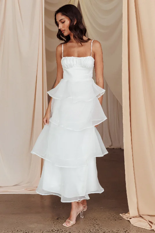 Wrap - Style Women Dress with Adjustable Fit for All Body TypesProvence Bloom Tiered Midi Dress White Wrap - Style Women Dress with Adjustable Fit for All Body TypesProvence Bloom Tiered Midi Dress White