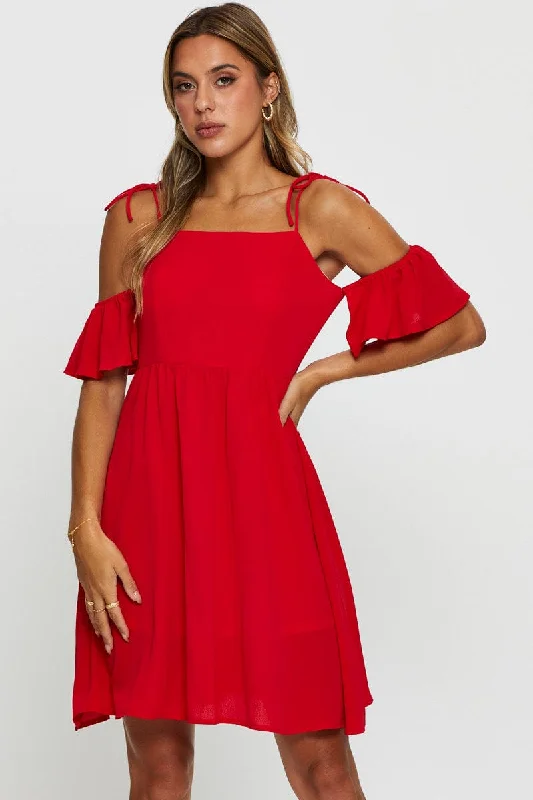 Empire Waist Women Dress to Accentuate the Bust and Conceal the WaistRed Mini Dress Off Shoulder Round Neck