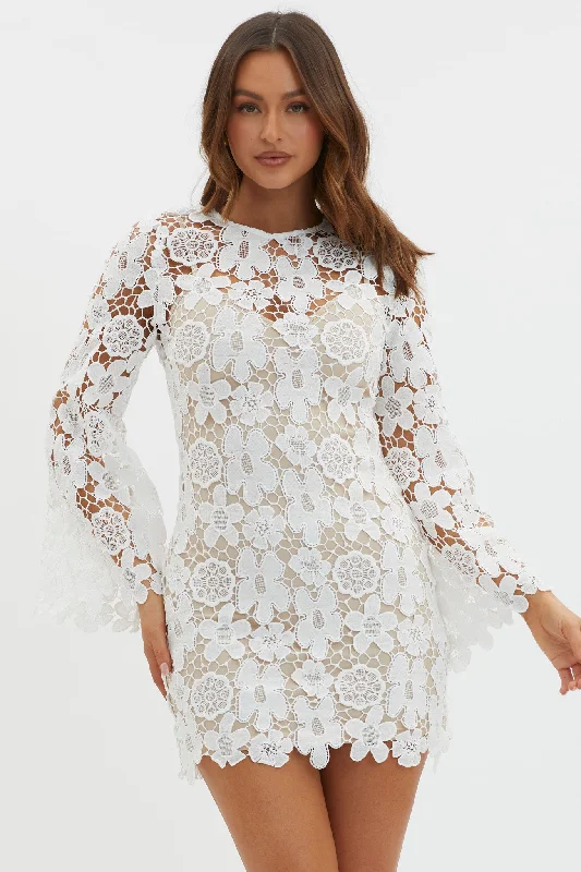 Shift Women Dress with a Simple and Classic Design for Everyday WearReinhart Flared Sleeve Crochet Lace Dress White Shift Women Dress with a Simple and Classic Design for Everyday WearReinhart Flared Sleeve Crochet Lace Dress White