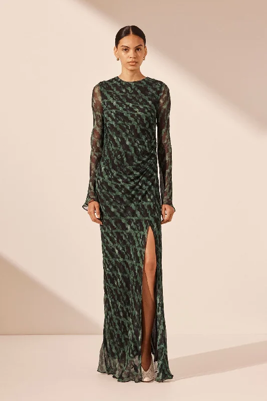 Printed Abstract Women Dress for a Modern and Artistic AppealREMI LONG SLEEVE GATHERED MAXI DRESS Printed Abstract Women Dress for a Modern and Artistic AppealREMI LONG SLEEVE GATHERED MAXI DRESS