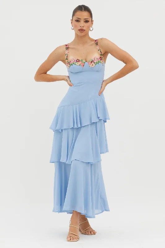 Plus Size Women Dress with a Flattering A - Line Cut for Comfort and StyleRose Garden Tiered Ruffle Floral Trim Dress Blue Plus Size Women Dress with a Flattering A - Line Cut for Comfort and StyleRose Garden Tiered Ruffle Floral Trim Dress Blue
