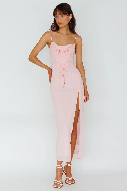 Lace - Embellished Women Dress for an Elegant and Sophisticated AppearanceRyanna Laced Bodice Split Midi Dress Pink Lace - Embellished Women Dress for an Elegant and Sophisticated AppearanceRyanna Laced Bodice Split Midi Dress Pink