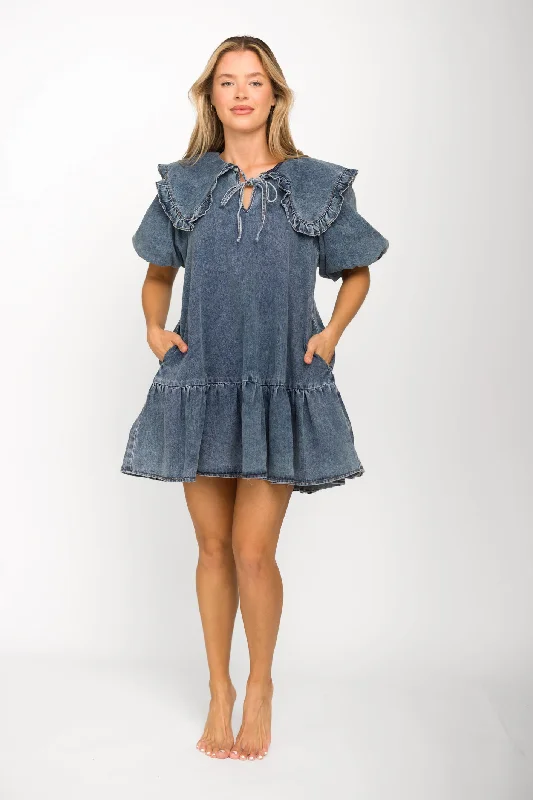 Off - the - Shoulder Women Dress for a Romantic and Feminine LookCecile Denim Mini Dress with Collar in Medium Wash Off - the - Shoulder Women Dress for a Romantic and Feminine LookCecile Denim Mini Dress with Collar in Medium Wash