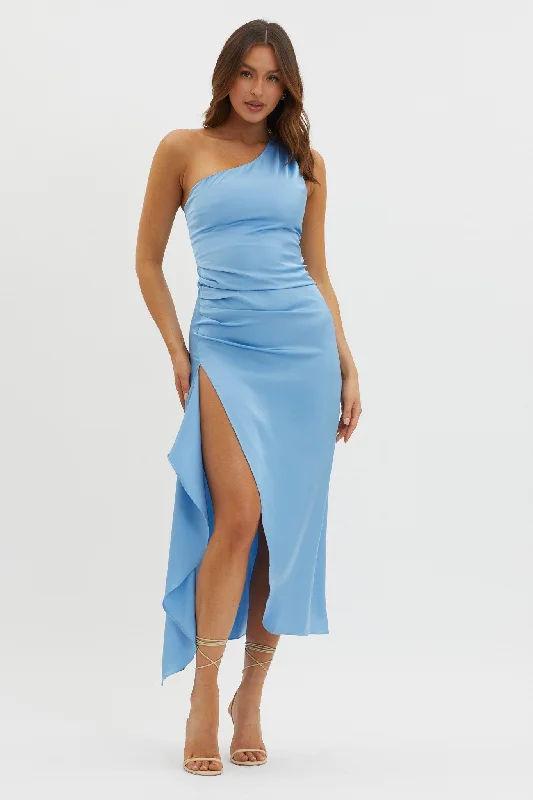 Sheath Women Dress with a Tailored Fit for a Professional LookSalut One-Shoulder Midi Dress Slate Blue Sheath Women Dress with a Tailored Fit for a Professional LookSalut One-Shoulder Midi Dress Slate Blue