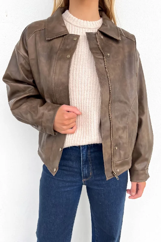 Women's cropped leather jackets with silver zippers for a punk - inspired outfitSamuel Leather Bomber Brown Women's cropped leather jackets with silver zippers for a punk - inspired outfitSamuel Leather Bomber Brown