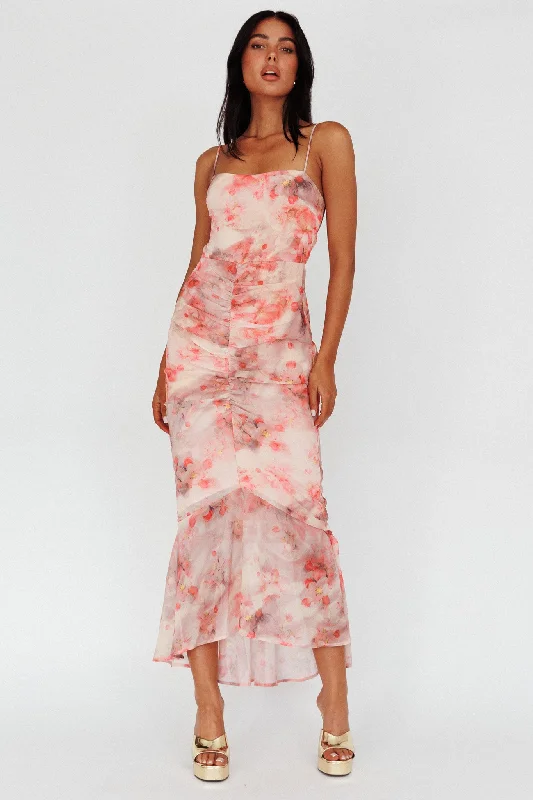 Maxi Women Dress with Floral Print for a Bohemian VibeSayna Ruched Front Midi Dress Floral Pink Maxi Women Dress with Floral Print for a Bohemian VibeSayna Ruched Front Midi Dress Floral Pink