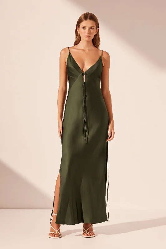 Plus Size Women Dress with a Flattering A - Line Cut for Comfort and StyleSHAE PLUNGED SLIP TIE MAXI DRESS - PINE GREEN