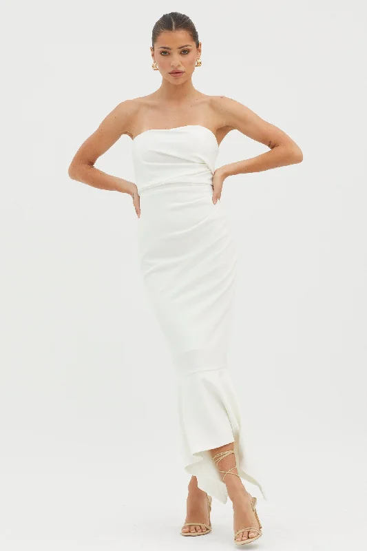 Pleated Women Dress with a Timeless and Elegant TextureSharona Strapless Gathered Midi Dress White Pleated Women Dress with a Timeless and Elegant TextureSharona Strapless Gathered Midi Dress White