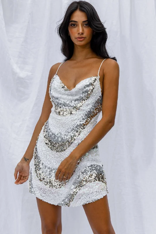 Mermaid - Style Women Dress with a Fitted Silhouette for Special OccasionsShow Me Love Cowl Neck Mini Dress Sequin Swirl White Mermaid - Style Women Dress with a Fitted Silhouette for Special OccasionsShow Me Love Cowl Neck Mini Dress Sequin Swirl White