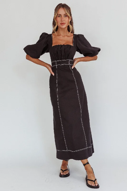 Printed Abstract Women Dress for a Modern and Artistic AppealSibille Puff Sleeve Contrast Stitch Dress Black Printed Abstract Women Dress for a Modern and Artistic AppealSibille Puff Sleeve Contrast Stitch Dress Black