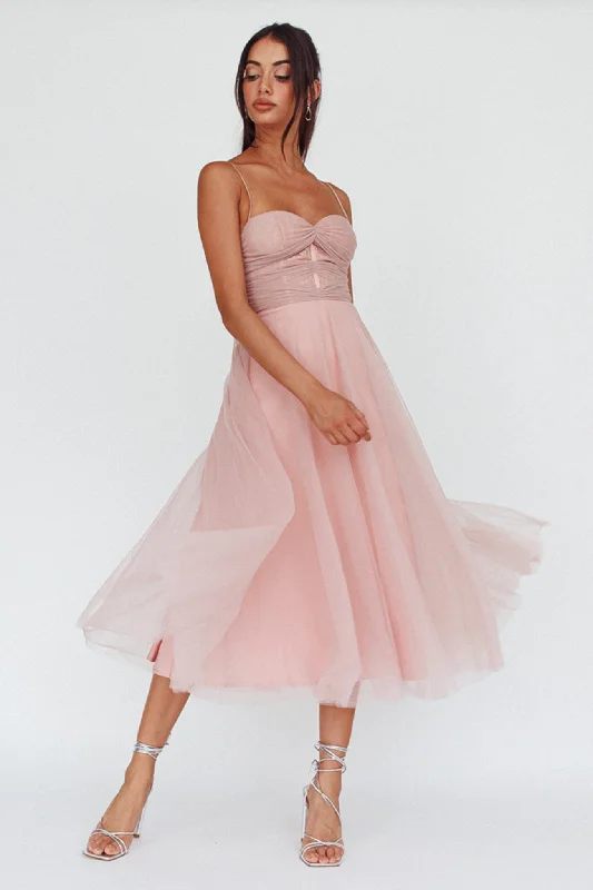 Lace - Embellished Women Dress for an Elegant and Sophisticated AppearanceSmitten Lace Insert Tulle Midi Dress Blush Lace - Embellished Women Dress for an Elegant and Sophisticated AppearanceSmitten Lace Insert Tulle Midi Dress Blush