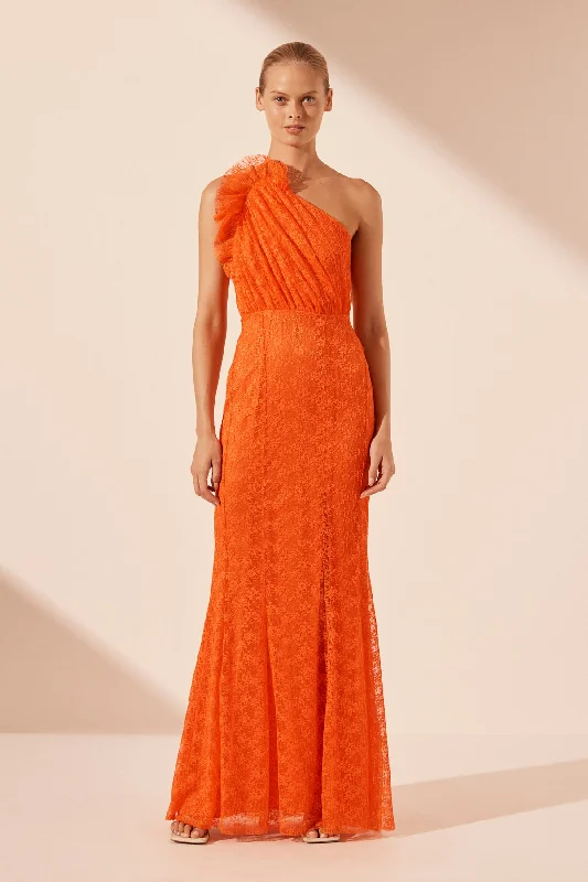 Pleated Women Dress with a Timeless and Elegant TextureSOL LACE ASYMMETRICAL DETAIL MAXI DRESS - FLAME Pleated Women Dress with a Timeless and Elegant TextureSOL LACE ASYMMETRICAL DETAIL MAXI DRESS - FLAME