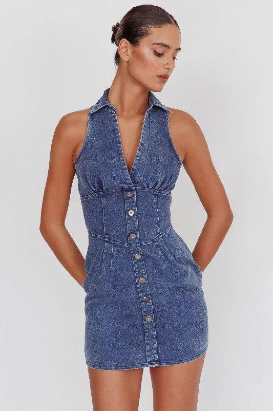 Off - the - Shoulder Women Dress for a Romantic and Feminine LookSouth Beach Faux Button Collared Dress Dark Denim Off - the - Shoulder Women Dress for a Romantic and Feminine LookSouth Beach Faux Button Collared Dress Dark Denim