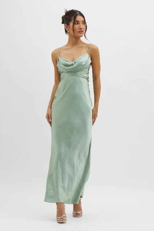 Ruffled Women Dress with Multiple Layers for a Playful and Girly StyleStarring Role Cowl Bust Waist Tie Dress Sage Ruffled Women Dress with Multiple Layers for a Playful and Girly StyleStarring Role Cowl Bust Waist Tie Dress Sage