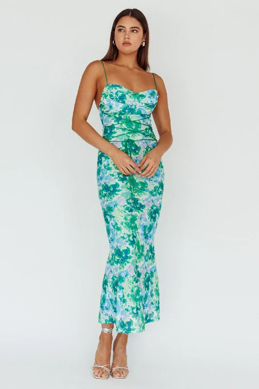 Shift Women Dress with a Simple and Classic Design for Everyday WearTeava Laced Waist Midi Dress Floral Green Shift Women Dress with a Simple and Classic Design for Everyday WearTeava Laced Waist Midi Dress Floral Green