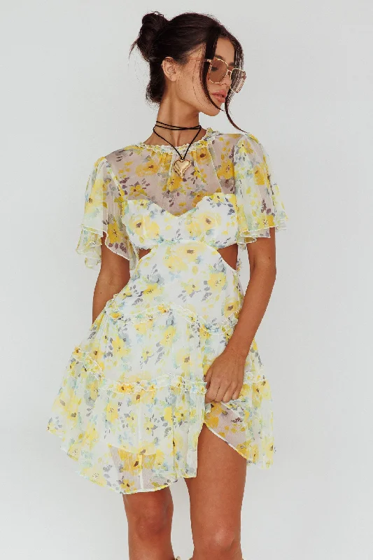 Strapless Women Dress with a Built - in Bra for Comfort and SupportTres Chic Flutter Sleeve Cut-Out Dress Floral Yellow Strapless Women Dress with a Built - in Bra for Comfort and SupportTres Chic Flutter Sleeve Cut-Out Dress Floral Yellow