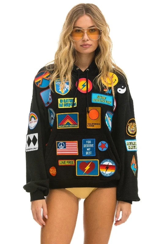 Women's quarter - zip sweatshirt made of organic cotton for eco - conscious fashionVINTAGE PATCH RELAXED PULLOVER HOODIE- BLACK