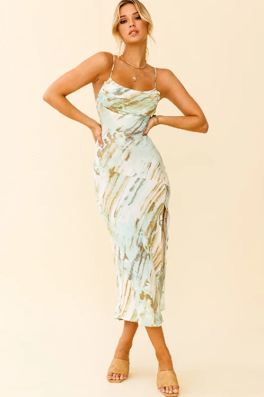 Mermaid - Style Women Dress with a Fitted Silhouette for Special OccasionsWell Versed Pleated Bust Front Split Dress Mint Multi Mermaid - Style Women Dress with a Fitted Silhouette for Special OccasionsWell Versed Pleated Bust Front Split Dress Mint Multi