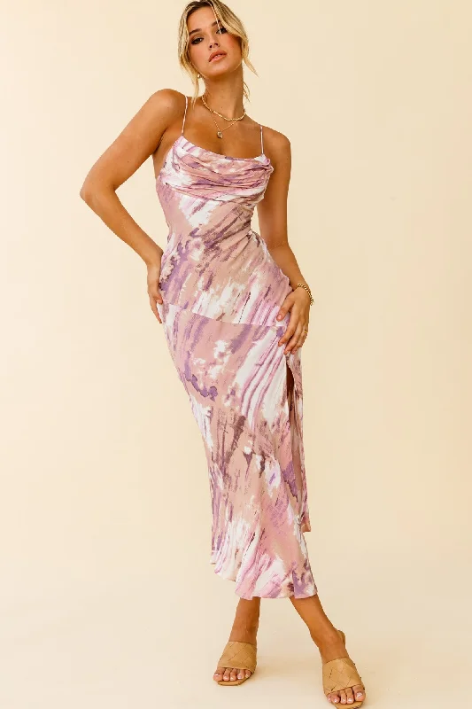Sleeveless Women Dress in Bright Colors for Summer PartiesWell Versed Pleated Bust Front Split Dress Purple Multi Sleeveless Women Dress in Bright Colors for Summer PartiesWell Versed Pleated Bust Front Split Dress Purple Multi
