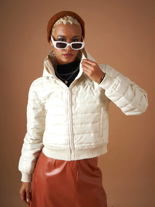 Women's moto jackets with a lace - up front for a unique and stylish touchWomen Beige Hooded Crop Bomber Jacket