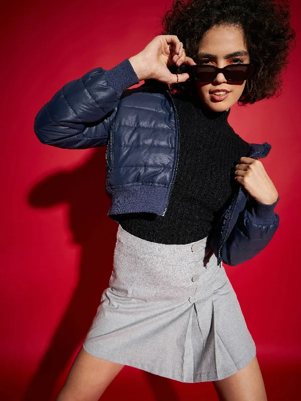 Women's quilted puffer jackets in a cropped silhouette for a modern twistWomen Navy Hooded Crop Bomber Jacket Women's quilted puffer jackets in a cropped silhouette for a modern twistWomen Navy Hooded Crop Bomber Jacket