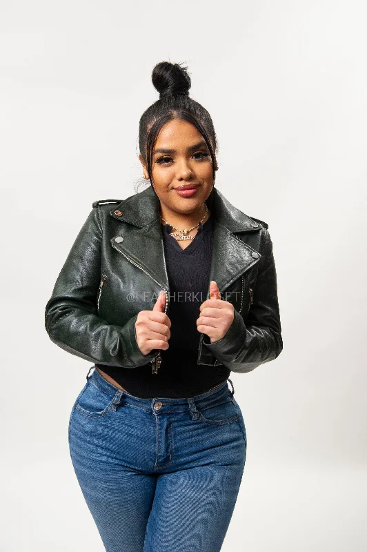 Women's cropped down jackets in bold colors for a sporty and fashionable winter outfitWomen's Classic Crop Biker Forest Green [SLIM FIT]