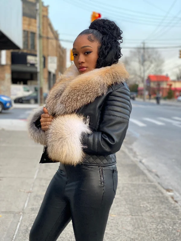 Women's shearling - lined suede jackets for ultimate warmth and luxuryWomen's Jay Biker Black Full Fox Fur [Gold Fox]