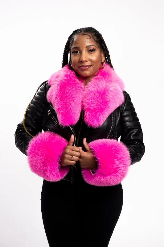 Women's windbreaker jackets with adjustable hoods for windy daysWomen's Jay Biker Full Fox Collar And Cuff [Black/Hot Pink]