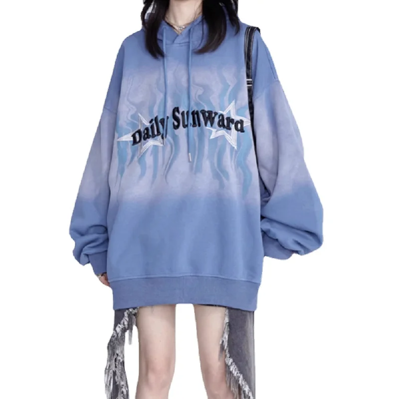 Women's long - sleeve cropped sweatshirt with ribbed cuffs for a snug fitWomen's Retro Gradient Blue Star Embroidered Hoodie
