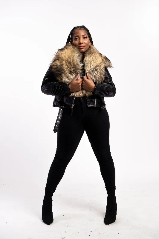 Women's moto jackets with a lace - up front for a unique and stylish touchWomen's Trey Biker Black Oversized Fox Collar [Raccoon Fur]