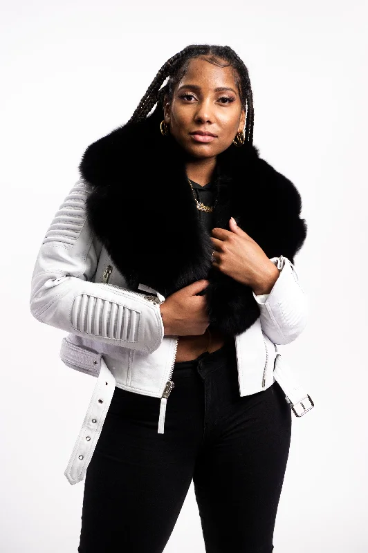 Women's waterproof rain jackets in bright yellow for high - visibility outdoor activitiesWomen's Trey Biker White Oversized Fox Collar [Black Fox Fur]