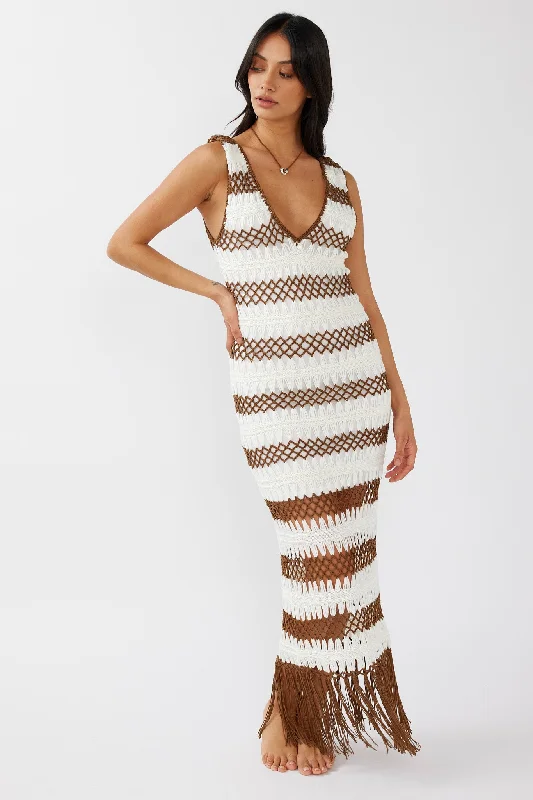 Lace - Embellished Women Dress for an Elegant and Sophisticated AppearanceXimena Tassel Hem Crochet Midi Dress White/Mocha Lace - Embellished Women Dress for an Elegant and Sophisticated AppearanceXimena Tassel Hem Crochet Midi Dress White/Mocha
