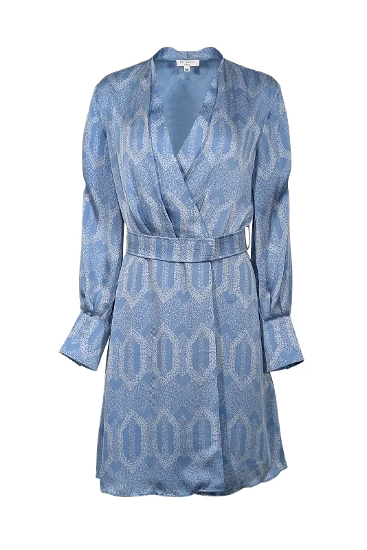 Sheath Women Dress with a Tailored Fit for a Professional Look Sheath Women Dress with a Tailored Fit for a Professional Look Equipment - Light Blue & White Printed Satin Wrap Dress w/ Belt Sz 6